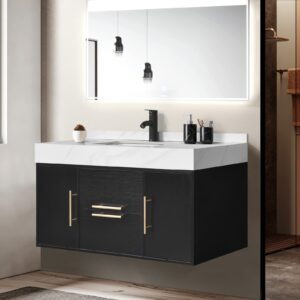 hernest black floating bathroom vanity 40 inch wall mounted bathroom vanity with rock panel tabletop and ceramic basin sink bathroom cabinet with 2 drawers and 2 storage cabinet for washroom