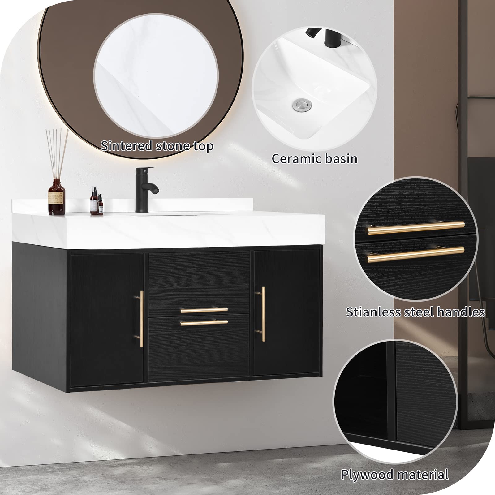 HERNEST Black Floating Bathroom Vanity 40 Inch Wall Mounted Bathroom Vanity with Rock Panel Tabletop and Ceramic Basin Sink Bathroom Cabinet with 2 Drawers and 2 Storage Cabinet for Washroom