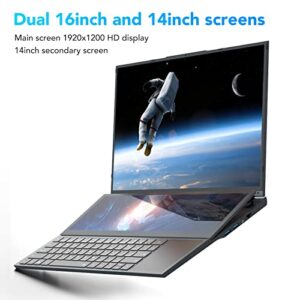VINGVO Dual Touch Display Screen Laptop, for Intel for Core I7 CPU Complete Function 13600mAh Battery 16in 14in Dual Screen Laptop 100‑240V for Office (US Plug)
