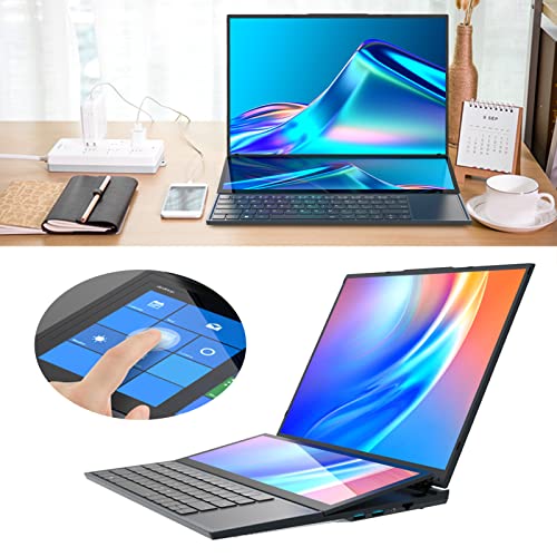 VINGVO Dual Touch Display Screen Laptop, for Intel for Core I7 CPU Complete Function 13600mAh Battery 16in 14in Dual Screen Laptop 100‑240V for Office (US Plug)