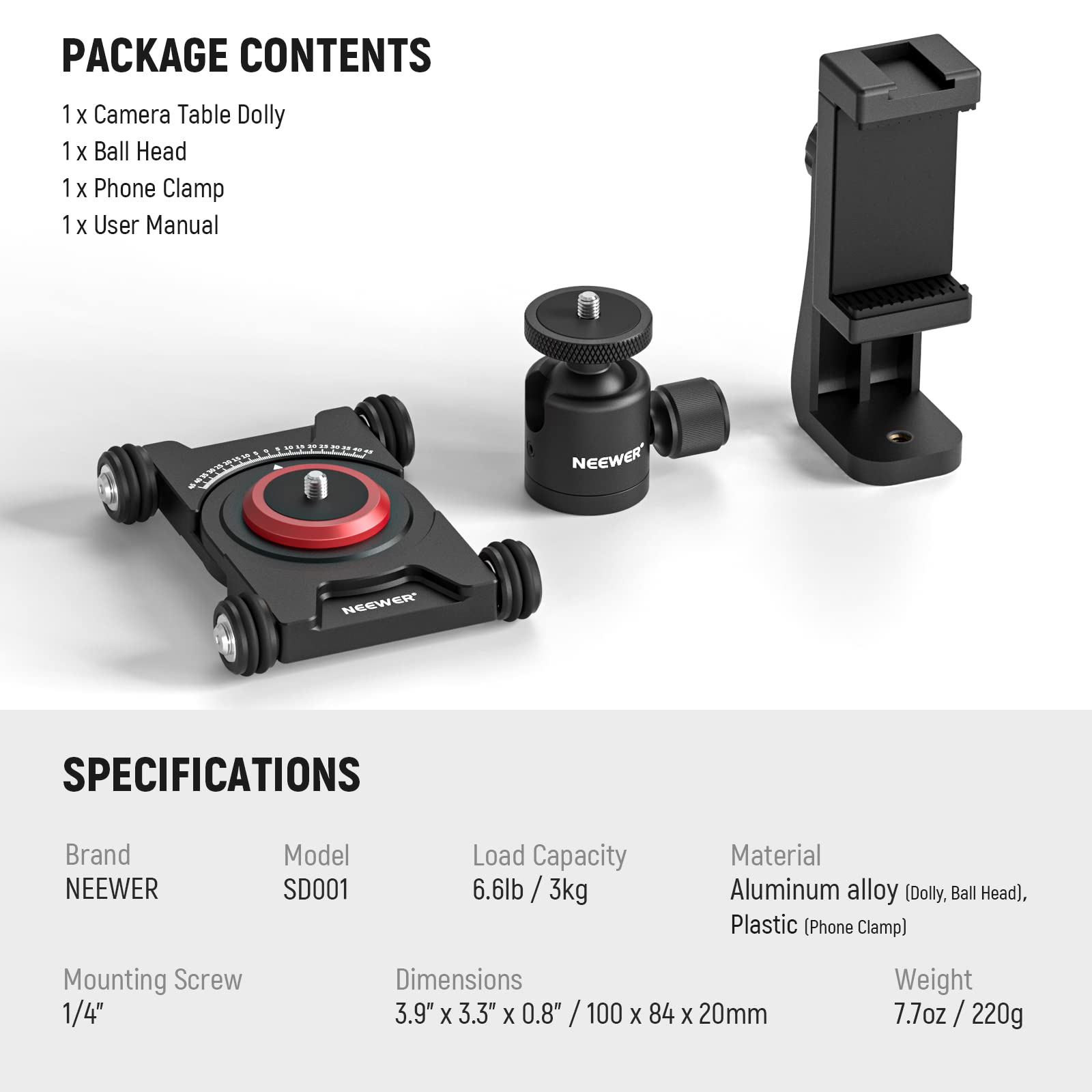 NEEWER Camera Slider Dolly with Ball Head & Phone Clamp,4 Wheeled Tabletop Dolly Manual Skater with 360° Panorama Compatible with mirrorless Camera GoPro iPhone and Android Smartphone, SD001