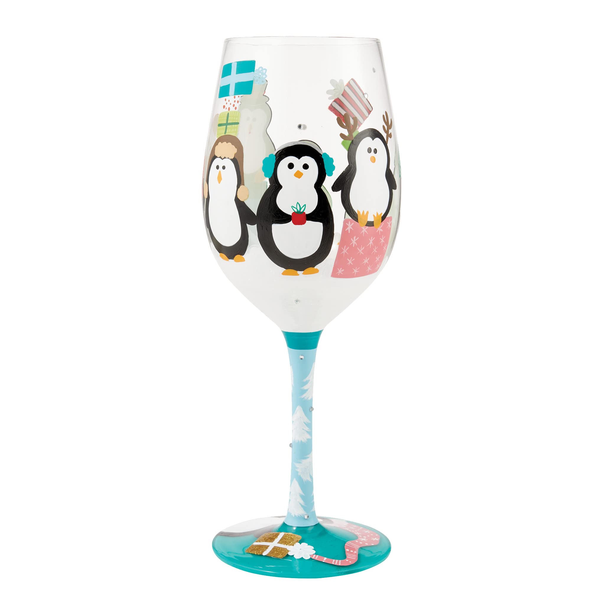 Enesco Designs by Lolita Holiday Penguins and Presents Hand-Painted Artisan Wine Glass, 15 Ounce, Multicolor