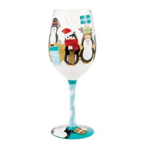 Enesco Designs by Lolita Holiday Penguins and Presents Hand-Painted Artisan Wine Glass, 15 Ounce, Multicolor