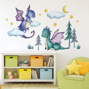 Yovkky Baby Dragon Wall Decals Stickers, Moon Stars Clouds Forest Nursery Playroom Decor, Kids Room Home Decorations Boys Bedroom Art