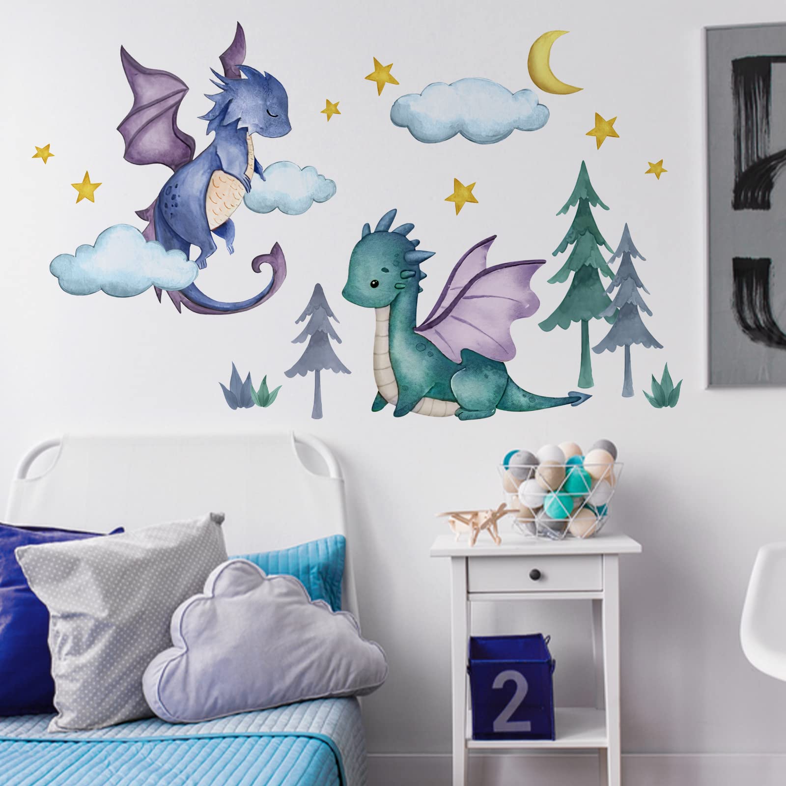 Yovkky Baby Dragon Wall Decals Stickers, Moon Stars Clouds Forest Nursery Playroom Decor, Kids Room Home Decorations Boys Bedroom Art