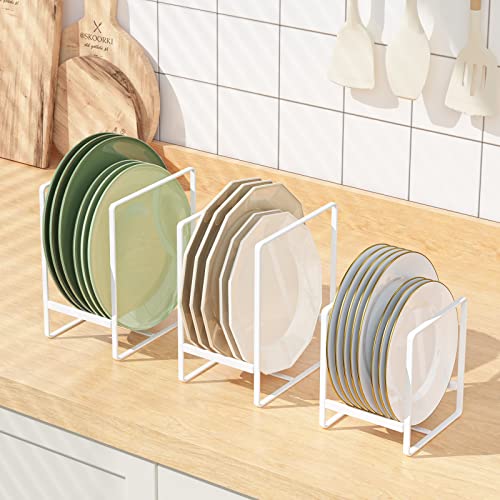 Hikinlichi Large Plate Holders Organizers White 2 Pack Upright Cabinet Dish Drying Racks Metal Plate Dish Organizers Racks Stands for Countertop and Cupboard 7.87in. x 6.29in. x 4.52in.