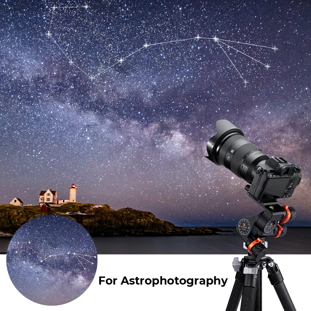 K&F Concept 3-Way Geared Tripod Head, Millimeter Micro-Adjustment, Full CNC Aluminum Alloy Tripod Head, Maximum Load Capacity of 6kg for Star Shooting, Commercial Photography, etc.