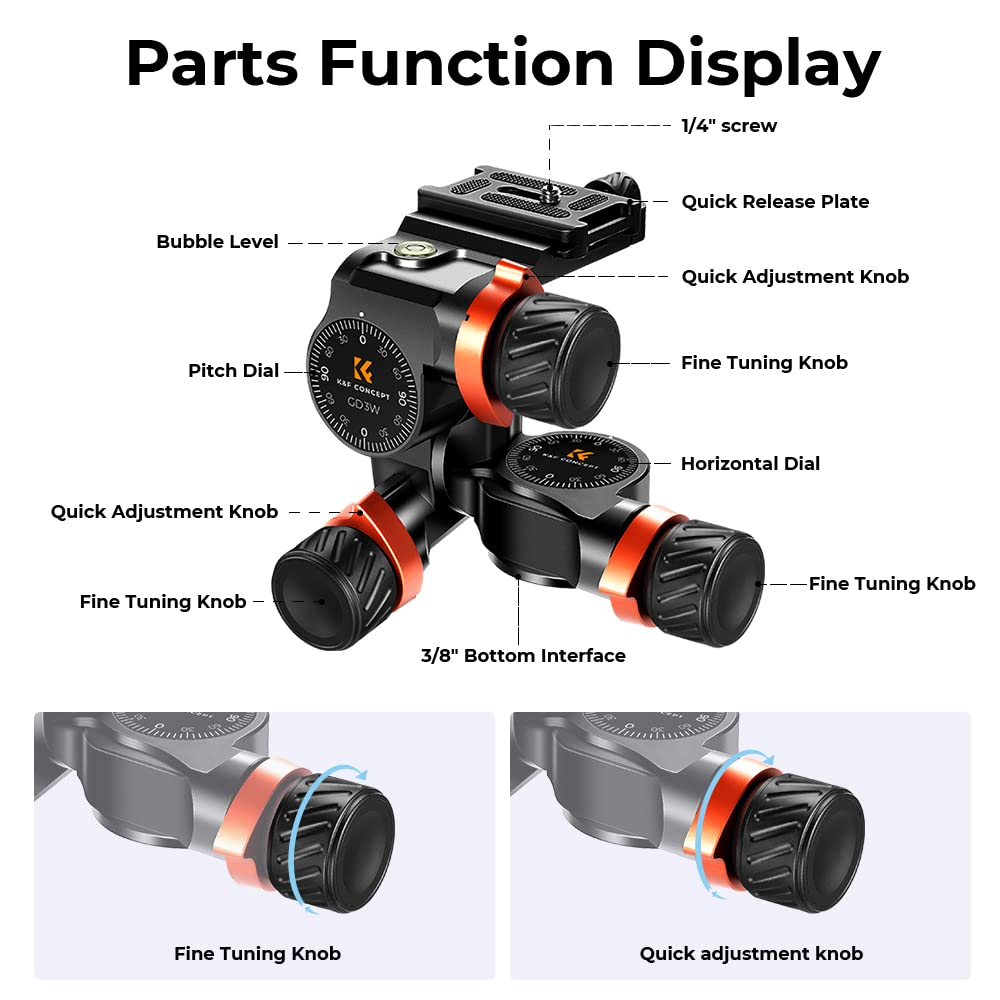 K&F Concept 3-Way Geared Tripod Head, Millimeter Micro-Adjustment, Full CNC Aluminum Alloy Tripod Head, Maximum Load Capacity of 6kg for Star Shooting, Commercial Photography, etc.