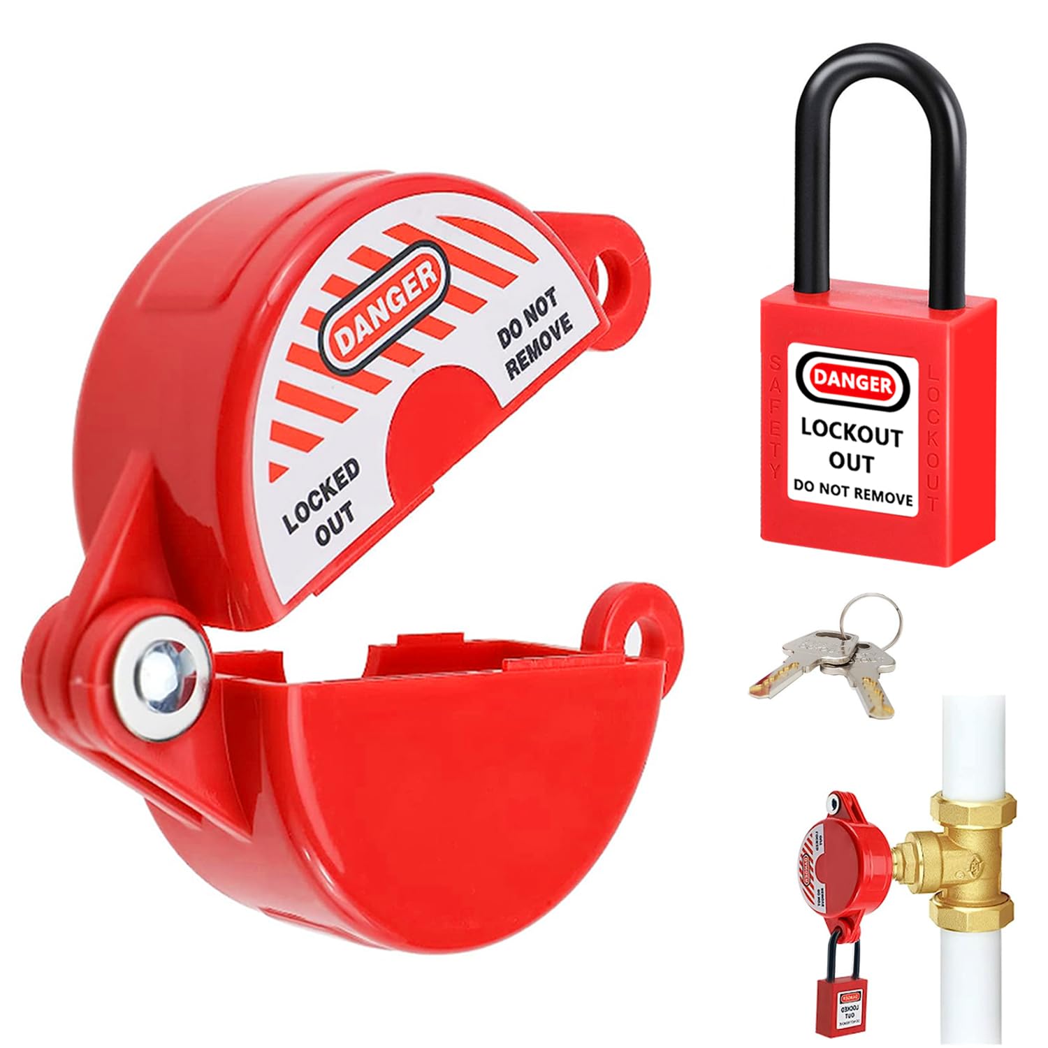 smseace 1Set Gate Valve Lockout with Safety Padlock Suited for 1 to2-1/2 Valve Handles Water Valve Lockout Device Gas Valve Lockout Hose Bib Lock for Outdoor Faucet Knob，Water Spigot，Hose Lock