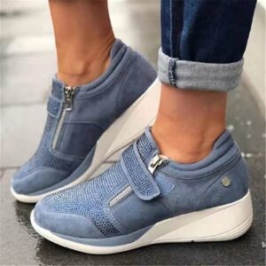 platform zipper fashion sneakers for women casual velcro low top canvas shoes round toe anti skid slip on walking loafers work shoes (color : blue, size : 8.5)