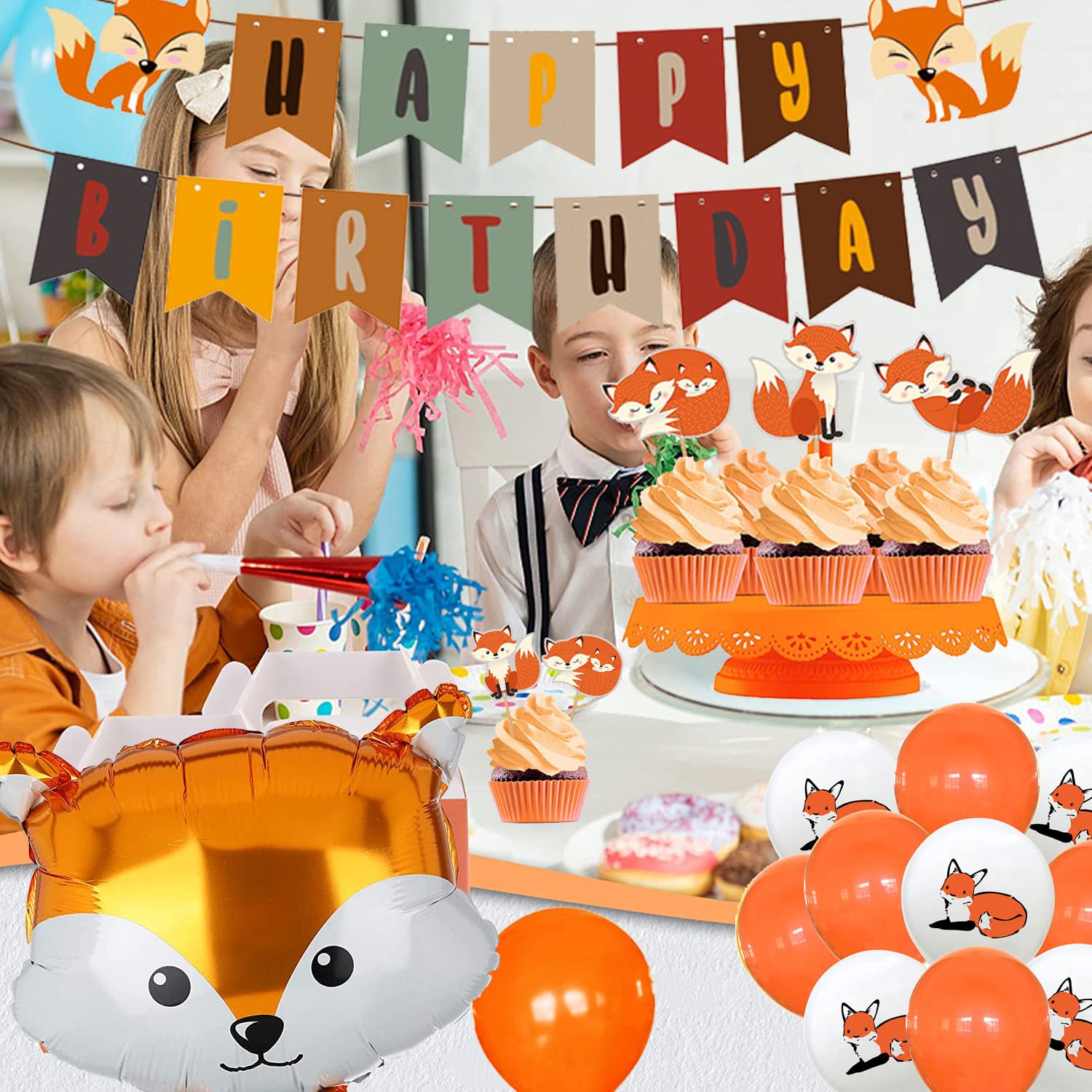 Fox Theme Birthday Party Supplies Decorations, 48PCS Fox Party Supplies Kit includes Fox Happy Birthday Banner, Fox Balloons and Various Party Tableware Supplies with Cartoon Fox for Kids Boys Girls