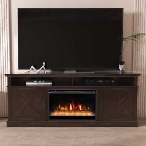 oxhark flame 72" fireplace tv stand for tvs up to 80", entertainment center with 26" electric fireplace,5 flame colors control with remote, farmhouse cabinet console crossed door, brown