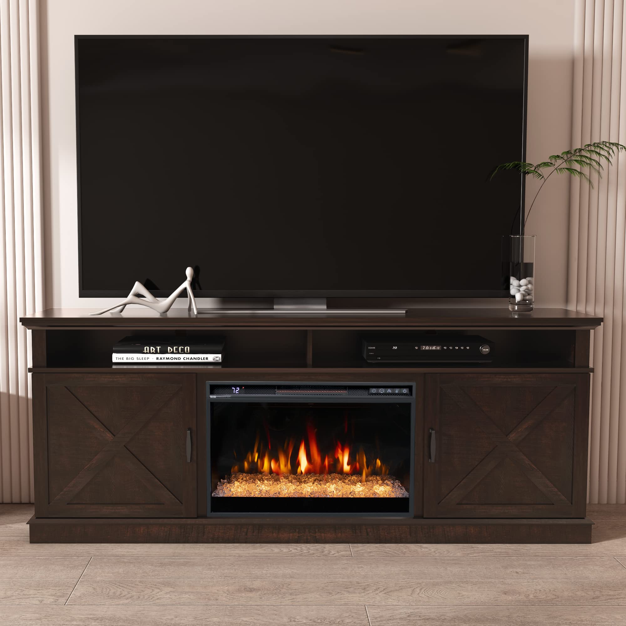 Oxhark Flame 72" Fireplace TV Stand for TVs Up to 80", Entertainment Center with 26" Electric Fireplace,5 Flame Colors Control with Remote, Farmhouse Cabinet Console Crossed Door, Brown