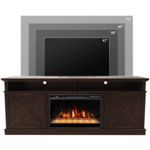 Oxhark Flame 72" Fireplace TV Stand for TVs Up to 80", Entertainment Center with 26" Electric Fireplace,5 Flame Colors Control with Remote, Farmhouse Cabinet Console Crossed Door, Brown