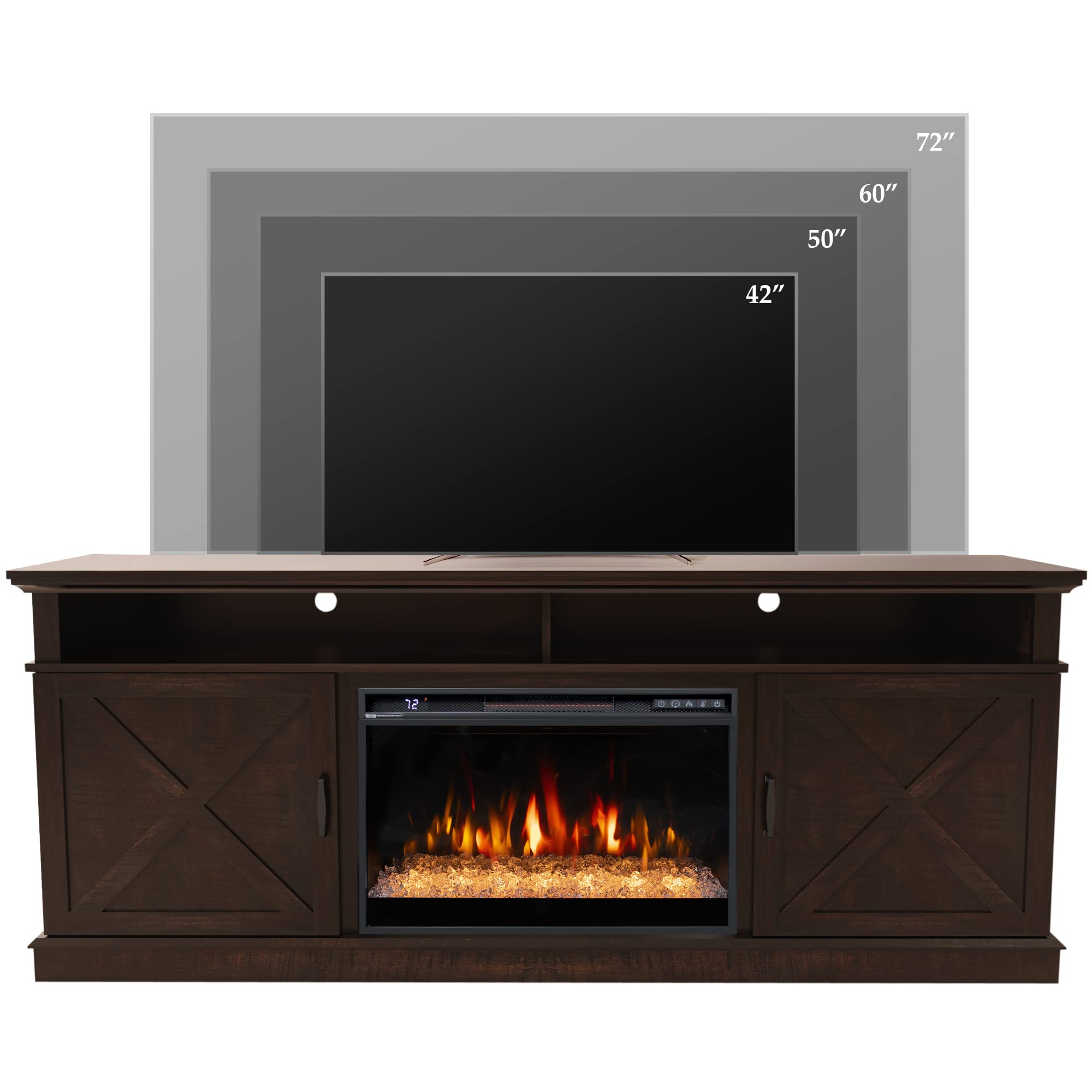 Oxhark Flame 72" Fireplace TV Stand for TVs Up to 80", Entertainment Center with 26" Electric Fireplace,5 Flame Colors Control with Remote, Farmhouse Cabinet Console Crossed Door, Brown