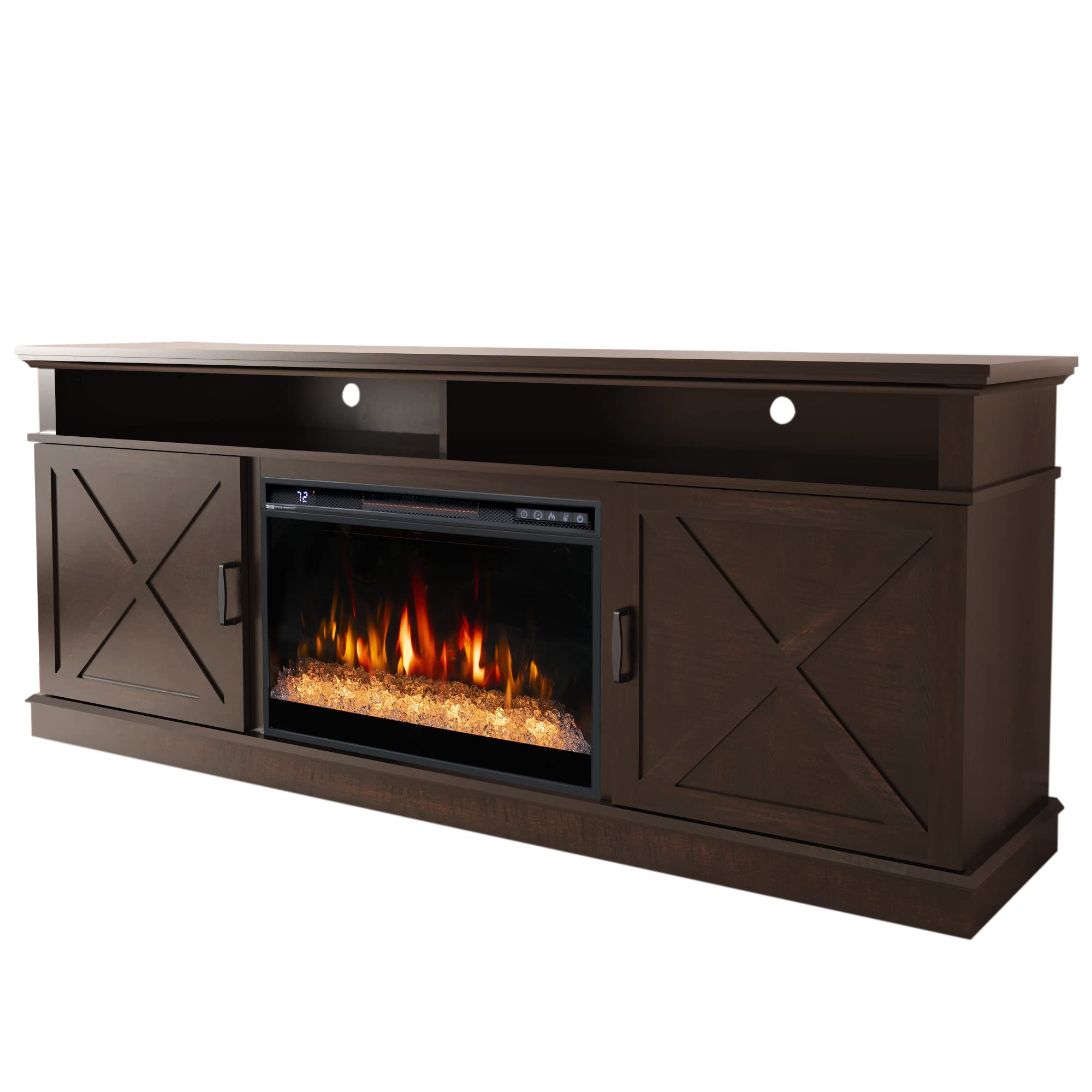 Oxhark Flame 72" Fireplace TV Stand for TVs Up to 80", Entertainment Center with 26" Electric Fireplace,5 Flame Colors Control with Remote, Farmhouse Cabinet Console Crossed Door, Brown