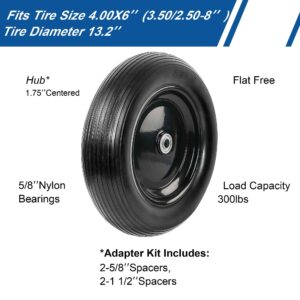 13 Inch Wheelbarrow Tires 4.00-6 Flat Free Wheelbarrow Tire, 5/8" or 3/4" Bearings Solid 4.00-6 Tire and Wheel Replacement for Wheel Barrel Wheel Barrow, Includes Adapter Kit(4.00-6 Flat Free)