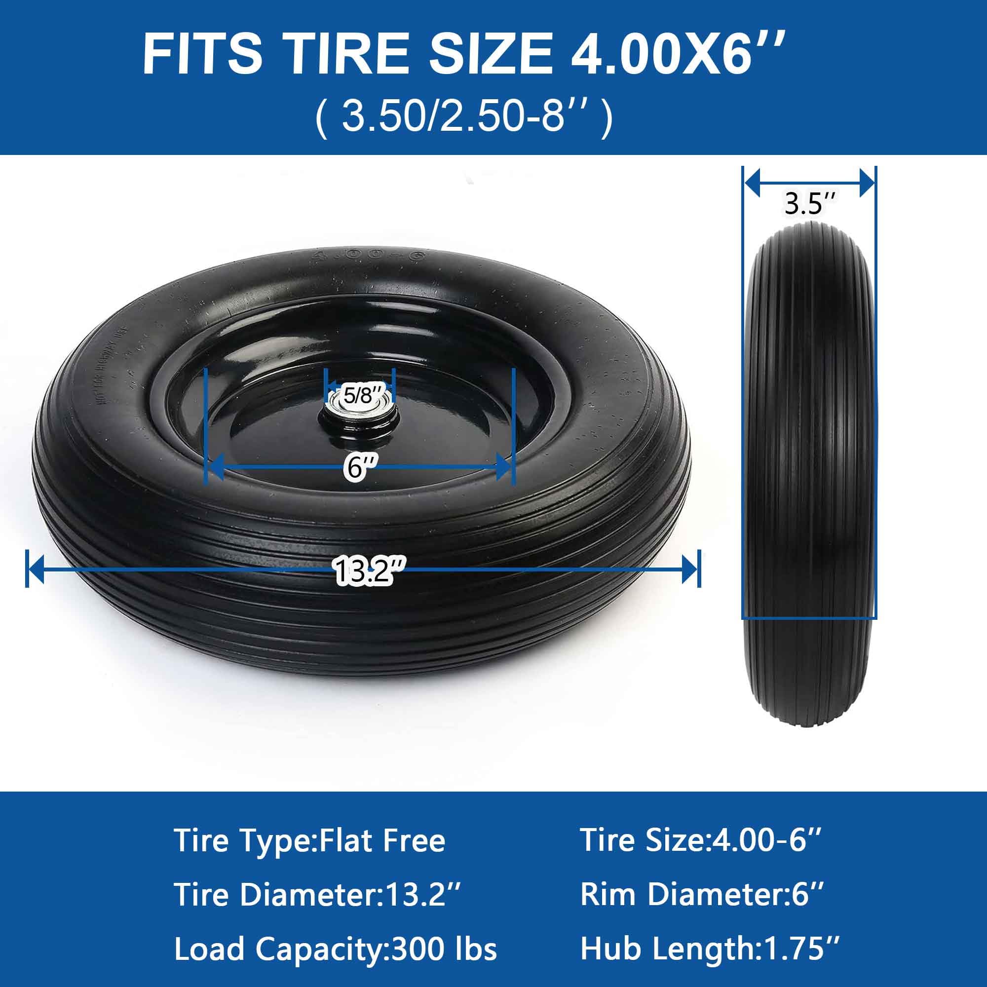 13 Inch Wheelbarrow Tires 4.00-6 Flat Free Wheelbarrow Tire, 5/8" or 3/4" Bearings Solid 4.00-6 Tire and Wheel Replacement for Wheel Barrel Wheel Barrow, Includes Adapter Kit(4.00-6 Flat Free)