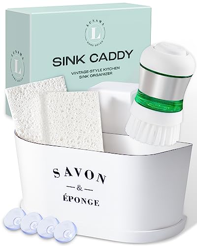 L U N A M A HOME DÉCOR Sink Caddy - Kitchen Sink Organizer - Sponge Holder - Hanging in Sink or Countertop Usage - Antislip mats - Odorless Sponge & Stainless Steel Brush Included