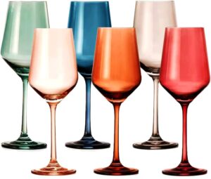 colored crystal wine glasses set of 6, unique gift wife, her, mom, friend - large 12oz glass, italian style tall stemmed drinkware, long stem unique wines, dinner, color beautiful glassware