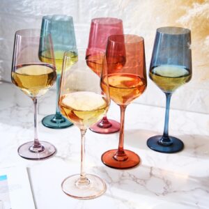 Colored Crystal Wine Glasses Set of 6, Unique Gift Wife, Her, Mom, Friend - Large 12oz Glass, Italian Style Tall Stemmed Drinkware, Long Stem Unique Wines, Dinner, Color Beautiful Glassware