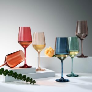 Colored Crystal Wine Glasses Set of 6, Unique Gift Wife, Her, Mom, Friend - Large 12oz Glass, Italian Style Tall Stemmed Drinkware, Long Stem Unique Wines, Dinner, Color Beautiful Glassware