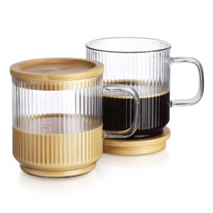 glaver's coffee mug with lid borosillcate glass set of 2, 12 oz ribbed tea cup with bamboo lid and or coaster 2in1. for espresso, mocha, cappuccino.