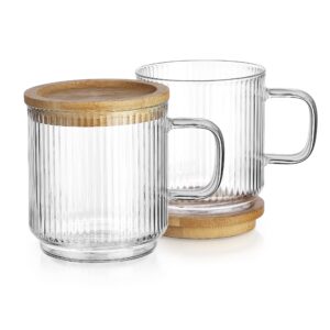 Glaver's Coffee Mug with Lid Borosillcate Glass Set of 2, 12 oz Ribbed Tea Cup With Bamboo Lid and or Coaster 2in1. For Espresso, Mocha, Cappuccino.