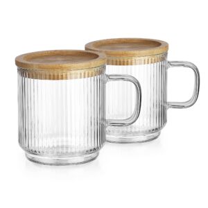 Glaver's Coffee Mug with Lid Borosillcate Glass Set of 2, 12 oz Ribbed Tea Cup With Bamboo Lid and or Coaster 2in1. For Espresso, Mocha, Cappuccino.