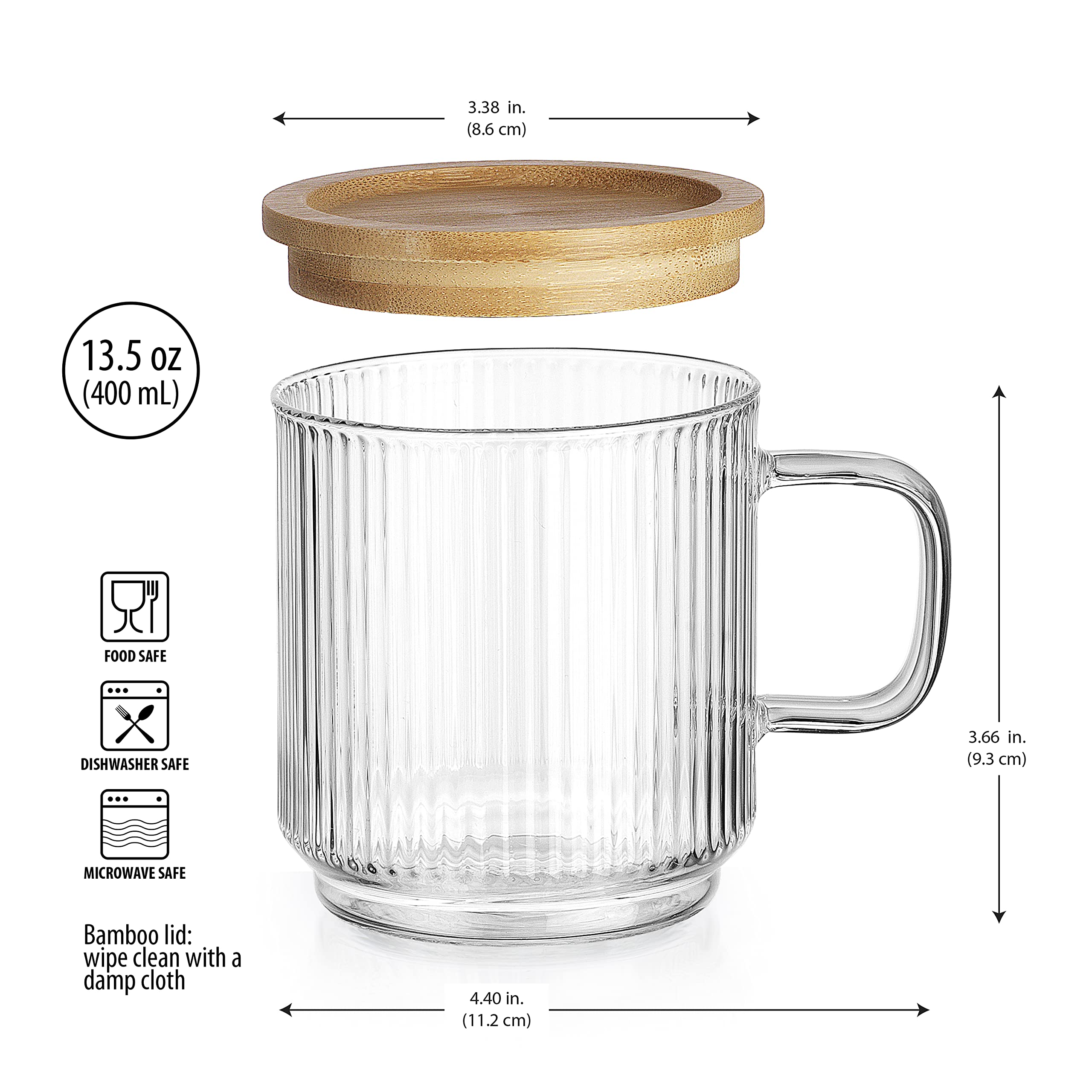 Glaver's Coffee Mug with Lid Borosillcate Glass Set of 2, 12 oz Ribbed Tea Cup With Bamboo Lid and or Coaster 2in1. For Espresso, Mocha, Cappuccino.