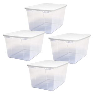 homz 56 quart snaplock clear plastic storage tote container bin with secure lid and handles for home and office organization (4 pack)