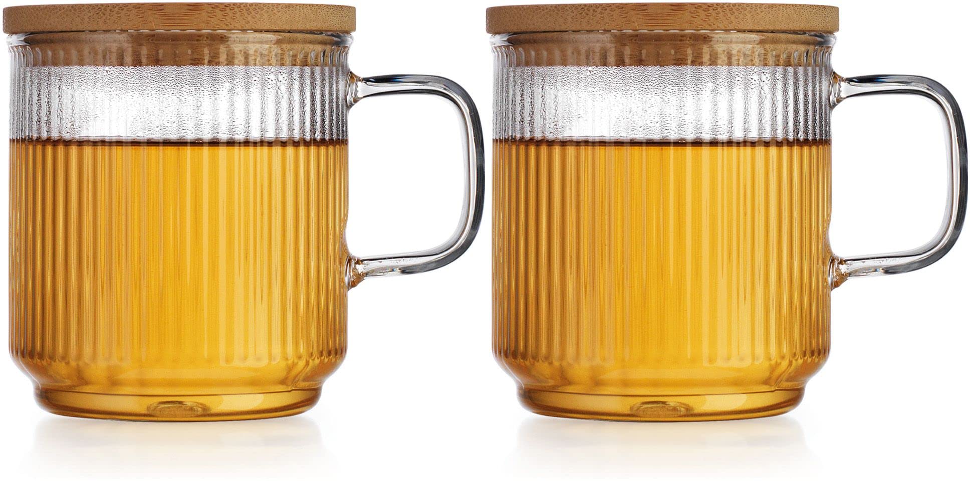 Glaver's Coffee Mug with Lid Borosillcate Glass Set of 2, 12 oz Ribbed Tea Cup With Bamboo Lid and or Coaster 2in1. For Espresso, Mocha, Cappuccino.