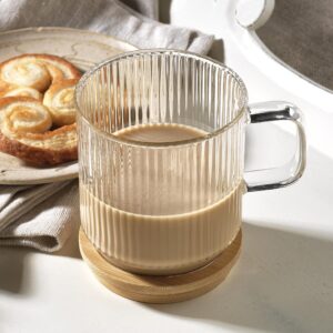 Glaver's Coffee Mug with Lid Borosillcate Glass Set of 2, 12 oz Ribbed Tea Cup With Bamboo Lid and or Coaster 2in1. For Espresso, Mocha, Cappuccino.