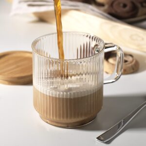 Glaver's Coffee Mug with Lid Borosillcate Glass Set of 2, 12 oz Ribbed Tea Cup With Bamboo Lid and or Coaster 2in1. For Espresso, Mocha, Cappuccino.