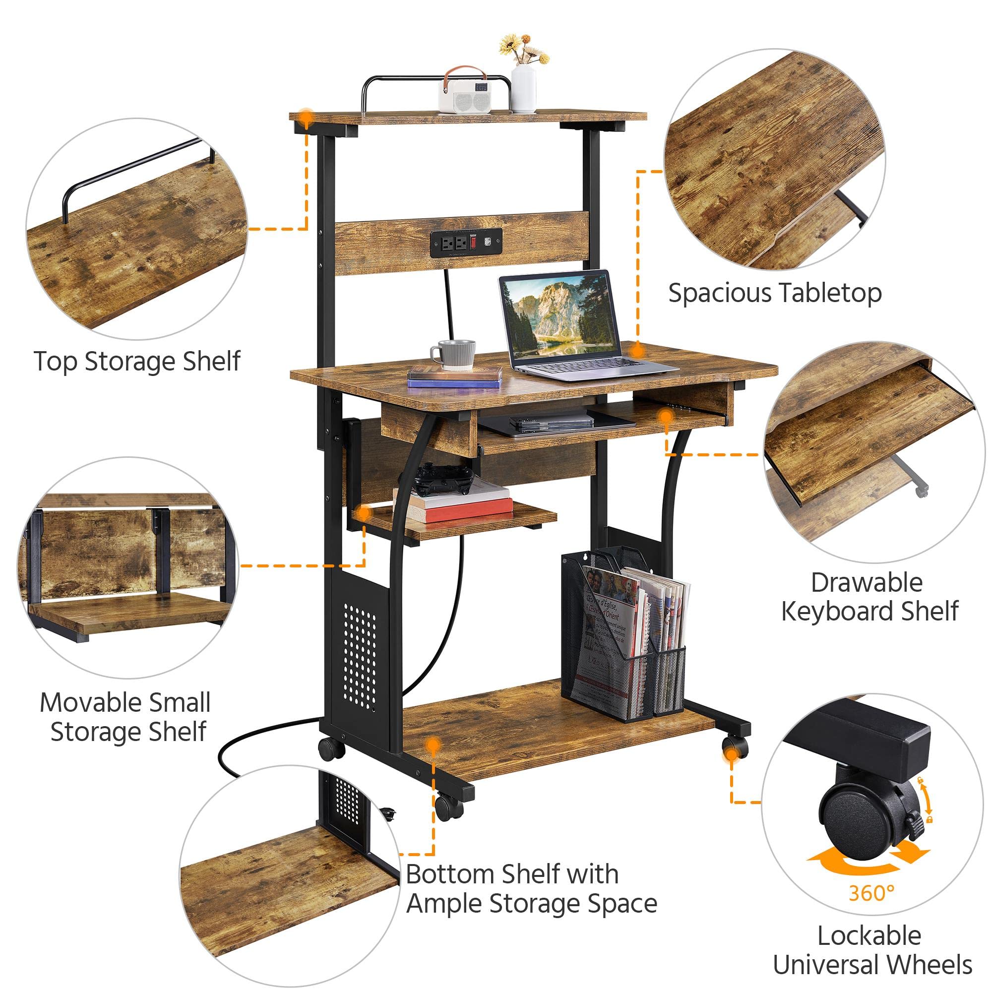 Topeakmart 3 Tiers Rolling Computer Desk with Power Outlet and USB Ports for Space Saving, Home Office Desk with Keyboard Tray and Printer Shelf on Wheels, Laptop PC Workstation Table, Rustic Brown