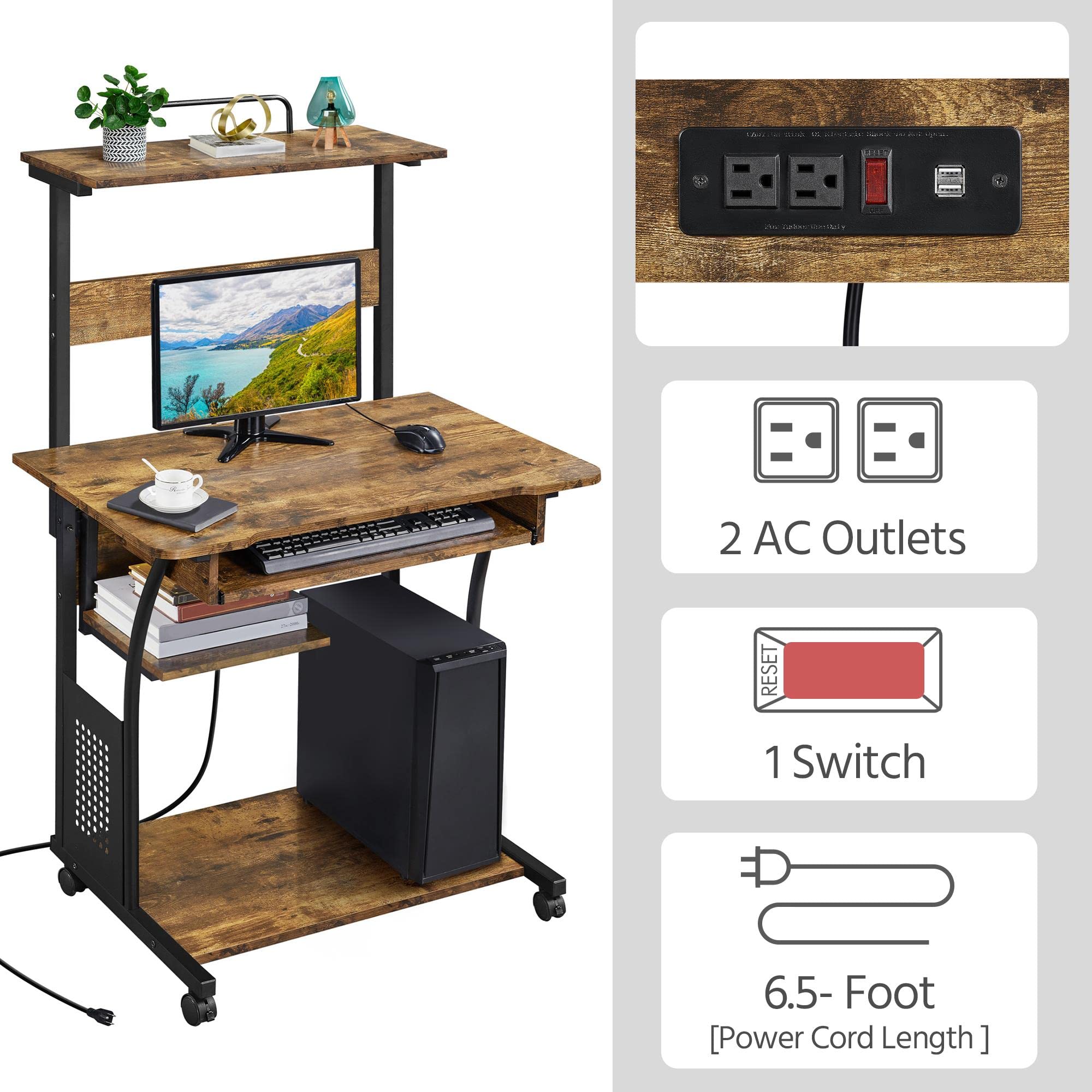 Topeakmart 3 Tiers Rolling Computer Desk with Power Outlet and USB Ports for Space Saving, Home Office Desk with Keyboard Tray and Printer Shelf on Wheels, Laptop PC Workstation Table, Rustic Brown