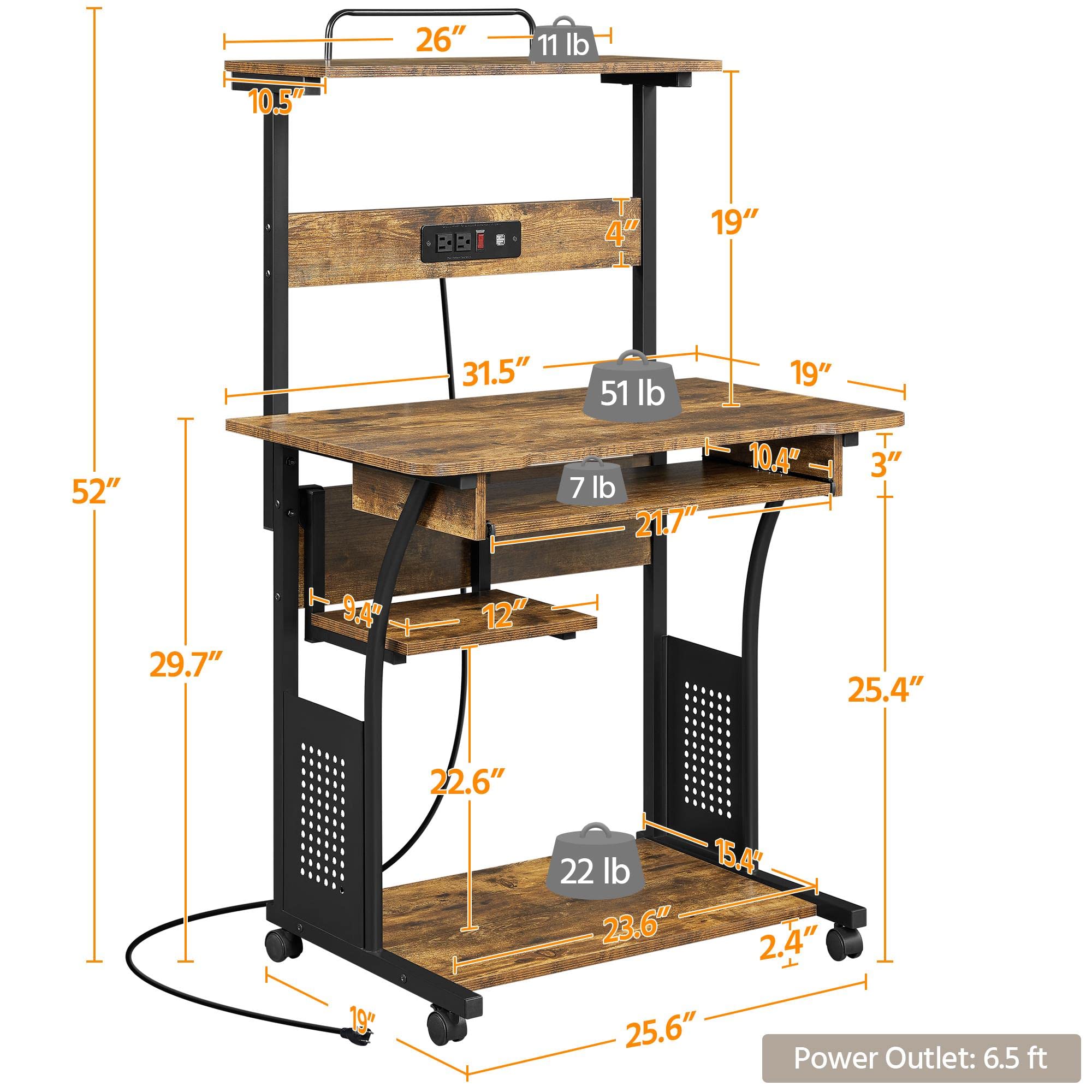 Topeakmart 3 Tiers Rolling Computer Desk with Power Outlet and USB Ports for Space Saving, Home Office Desk with Keyboard Tray and Printer Shelf on Wheels, Laptop PC Workstation Table, Rustic Brown