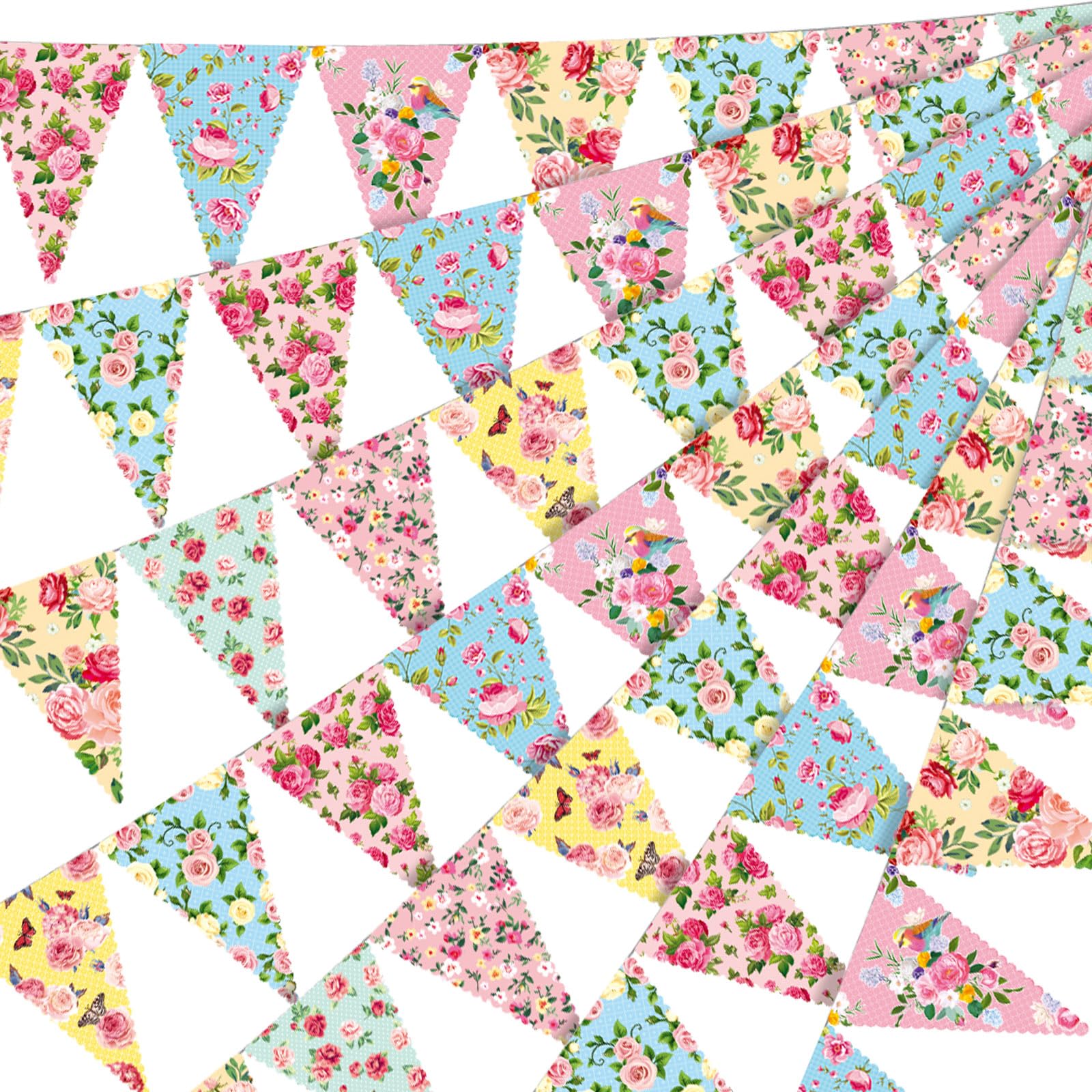 49 Ft 60 Pcs Tea Floral Party Paper Bunting Decor Outdoor Bunting Banner Floral Pennant Banner Tea Party Birthday Supplies for Wonderland Tea Party Favor Garden Baby Shower Bridal Wed Girl Bedroom