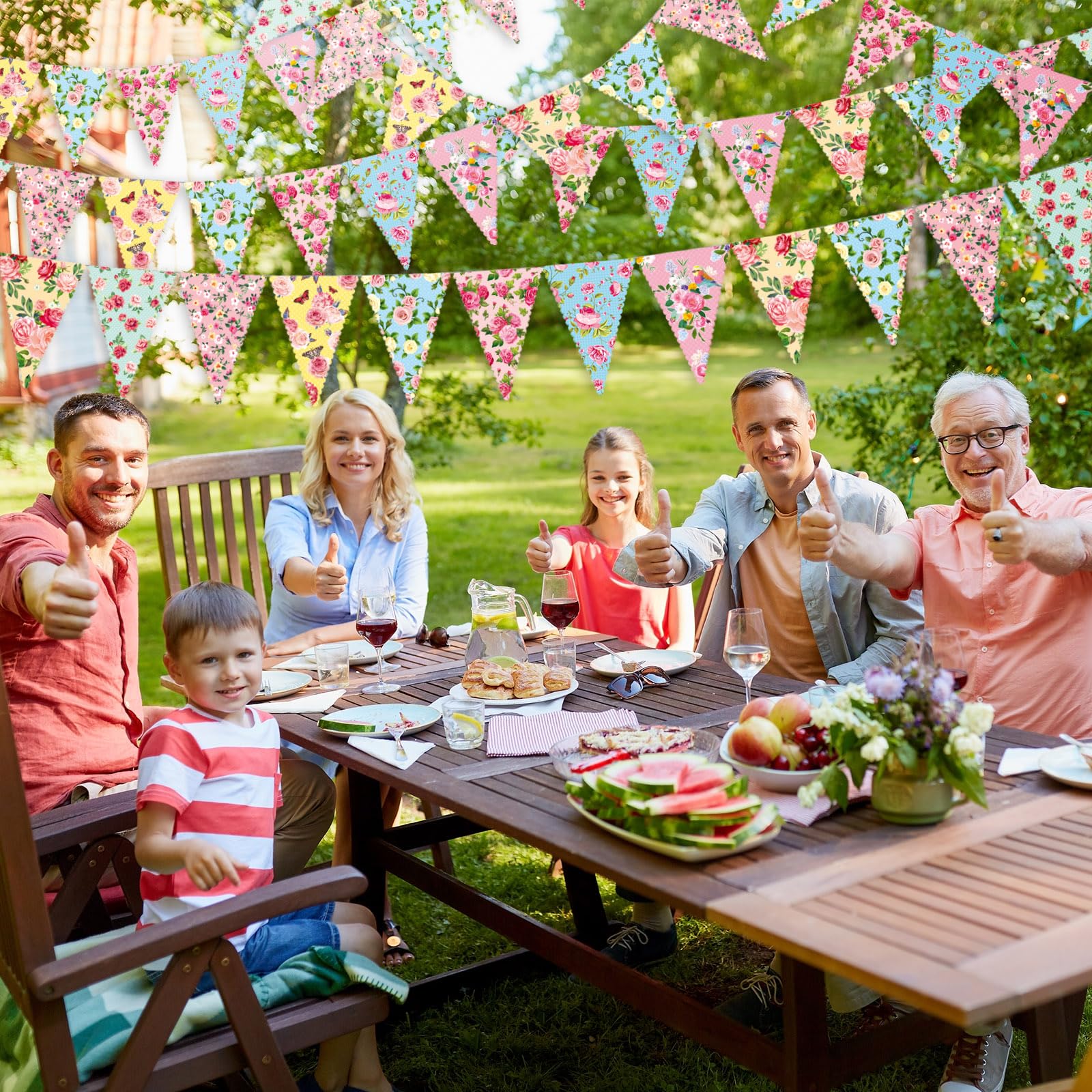 49 Ft 60 Pcs Tea Floral Party Paper Bunting Decor Outdoor Bunting Banner Floral Pennant Banner Tea Party Birthday Supplies for Wonderland Tea Party Favor Garden Baby Shower Bridal Wed Girl Bedroom