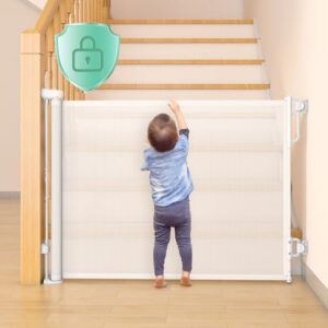 momcozy baby gate, auto lock retractable baby gate or dog gate, 【auto lock】33” tall, extends to 55” wide, mesh safety baby gate for stairs, indoor, outdoor, doorways, hallways