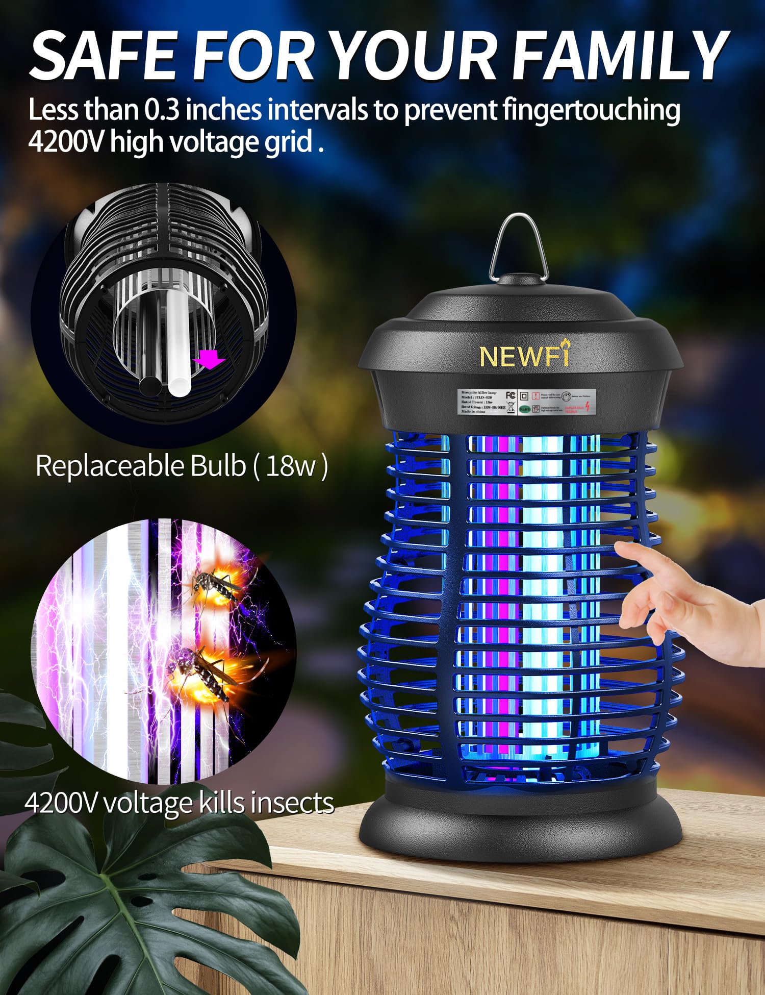 New Fi Bug Zapper,Two-Color Electronic Waterproof Fly Trap,Insect Zapper,Mosquito Killer Outdoor and Indoor for Home,Kitchen,Backyard,Camping (Bug Zapper)