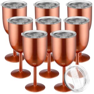 8 pcs stemmed stainless steel wine glasses with lid 12oz double wall insulated wine tumbler portable stemmed wine tumbler unbreakable travel goblet for picnics outdoor activities, rose gold