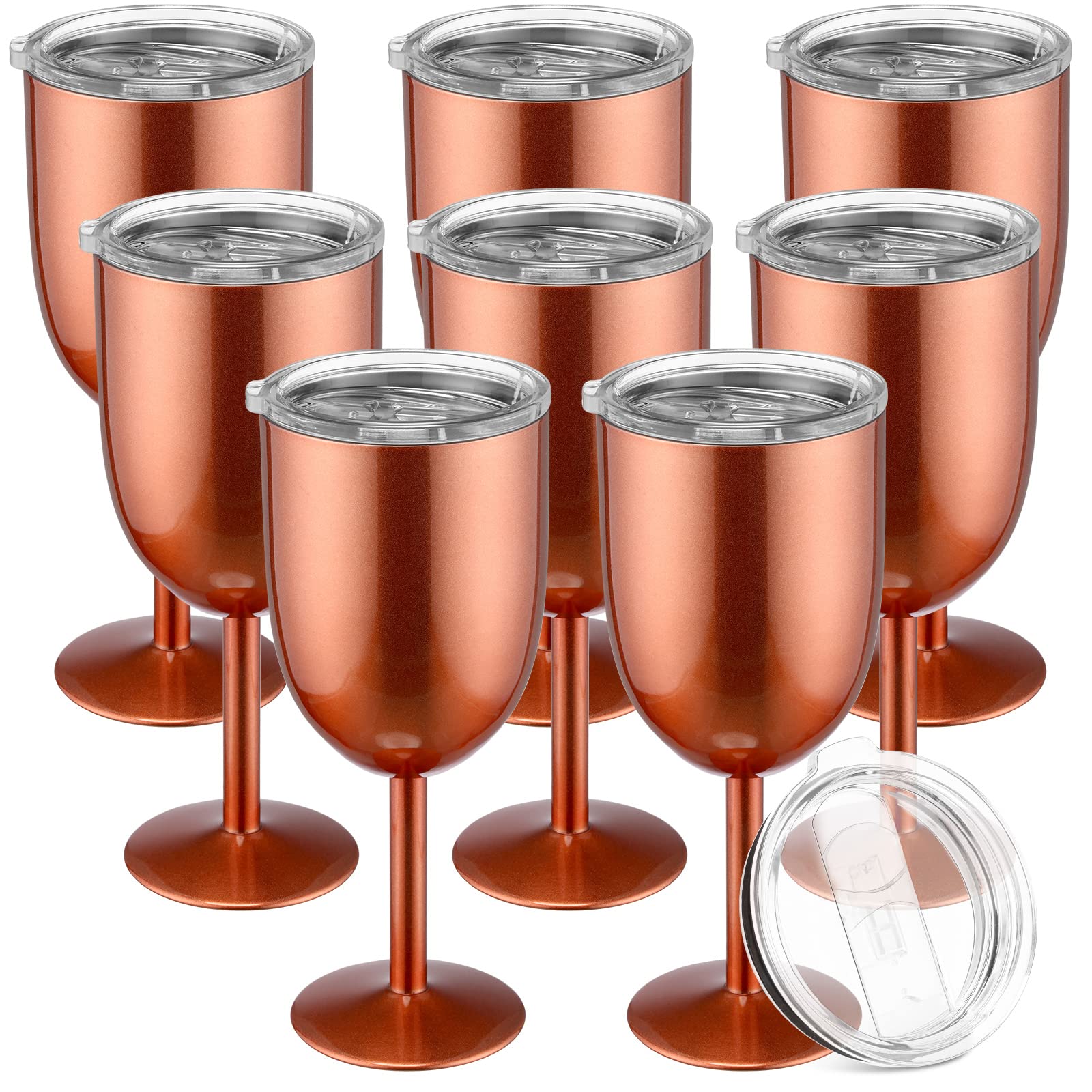 8 Pcs Stemmed Stainless Steel Wine Glasses with Lid 12oz Double Wall Insulated Wine Tumbler Portable Stemmed Wine Tumbler Unbreakable Travel Goblet for Picnics Outdoor Activities, Rose Gold