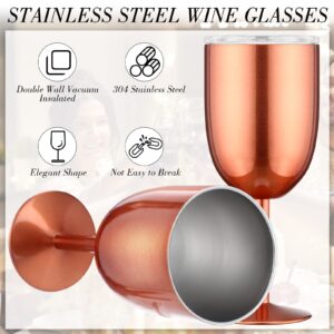 8 Pcs Stemmed Stainless Steel Wine Glasses with Lid 12oz Double Wall Insulated Wine Tumbler Portable Stemmed Wine Tumbler Unbreakable Travel Goblet for Picnics Outdoor Activities, Rose Gold