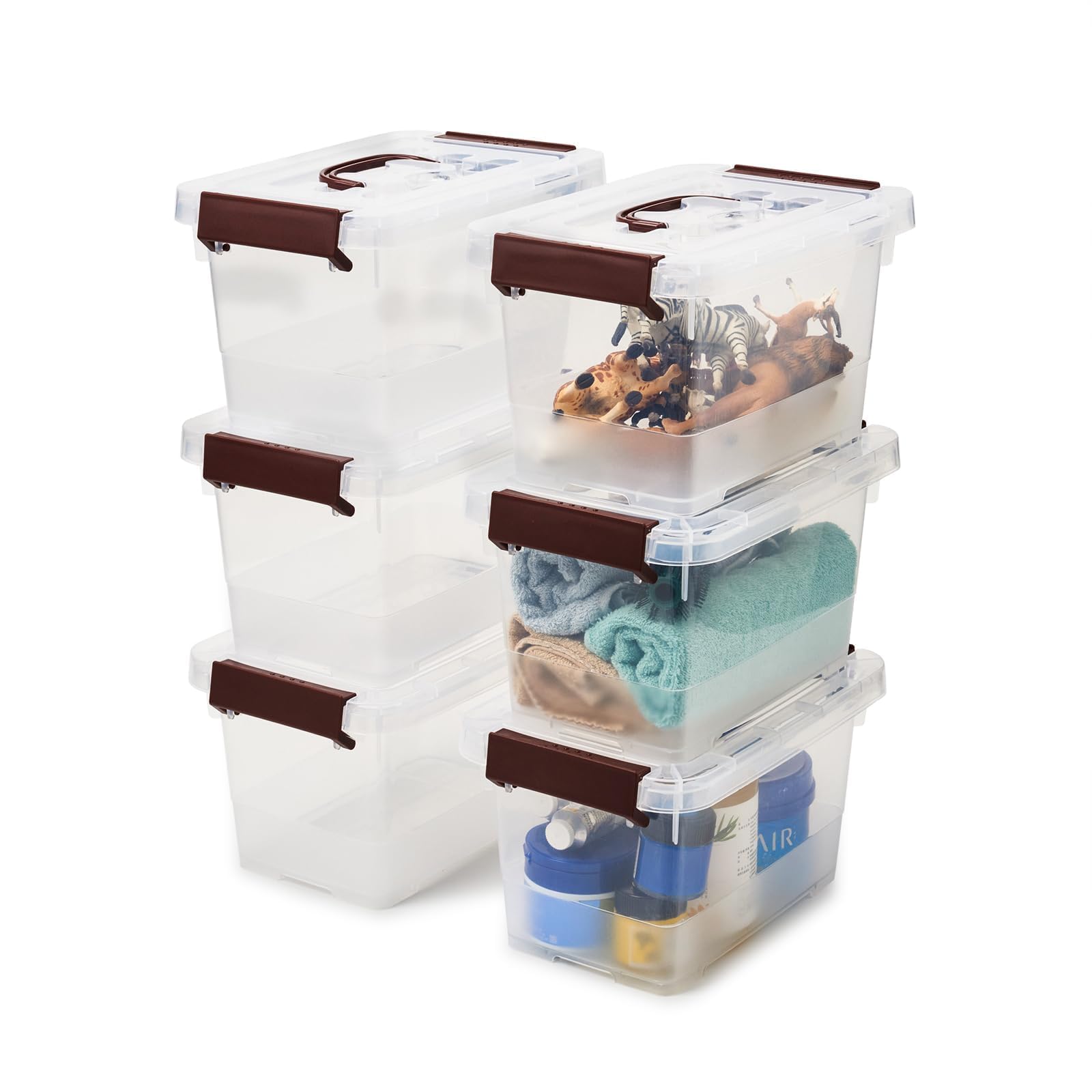 EZOWare 4.6 Quart Plastic Storage Basket Container with Latching Lid, Set of 6 Clear Stackable Tote Organizer Latch Bin Box with Handles for Home, Office, School and more - 11 x 7.7 x 5.5 inch