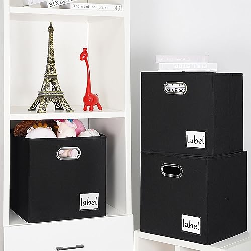 RVSNQ 13x13x13 Storage Cube Bins (Set of 4), Fabric Cubes Storage Bin with Metal Handles and Label, Collapsible Cube Storage Organizer Bins for Home, Office, Closet, Shelves, Nursery（Black）