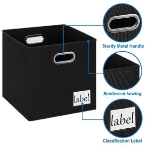 RVSNQ 13x13x13 Storage Cube Bins (Set of 4), Fabric Cubes Storage Bin with Metal Handles and Label, Collapsible Cube Storage Organizer Bins for Home, Office, Closet, Shelves, Nursery（Black）