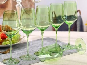 physkoa green wine glasses set of 6-14 oz, unfading color, hand-blown, crystal - spring summer wine glasses, green glassware, green drinking glasses, mother's day, wedding gifts for wine lover