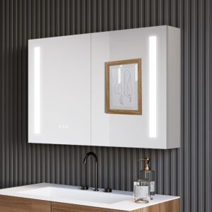 ligmirr bathroom medicine cabinet with lights, 36×24 inch led bathroom medicine cabinet, double door bathroom mirror cabinet with defogger, dimmer, surface mount
