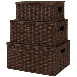 granny says wicker baskets with lids, set of 3 decorative storage boxes, woven basket for organizing, storage and organizer baskets, nesting woven wicker storage basket, brown, 3-pack